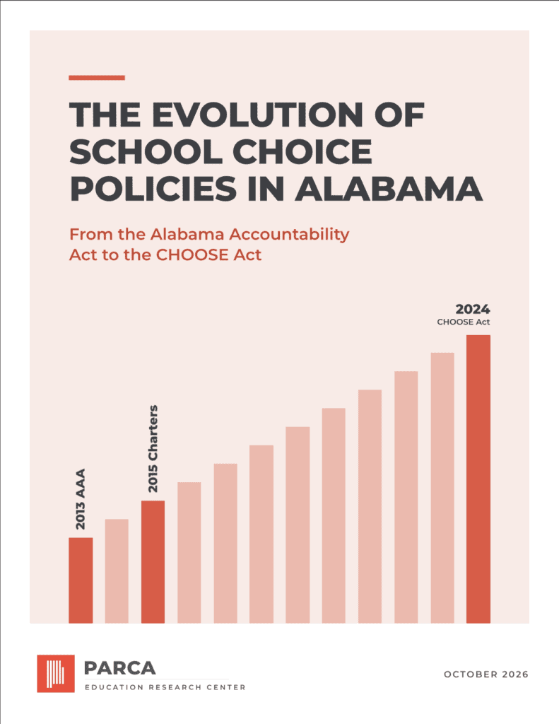 Graphic from PARCA report showing the growth of Alabama school choice policies from the 2013 and 2015 acts to the 2024 CHOOSE